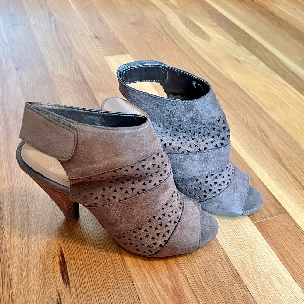 Brown Suede Laser Cutout Peep-Toe Heels, Size 8